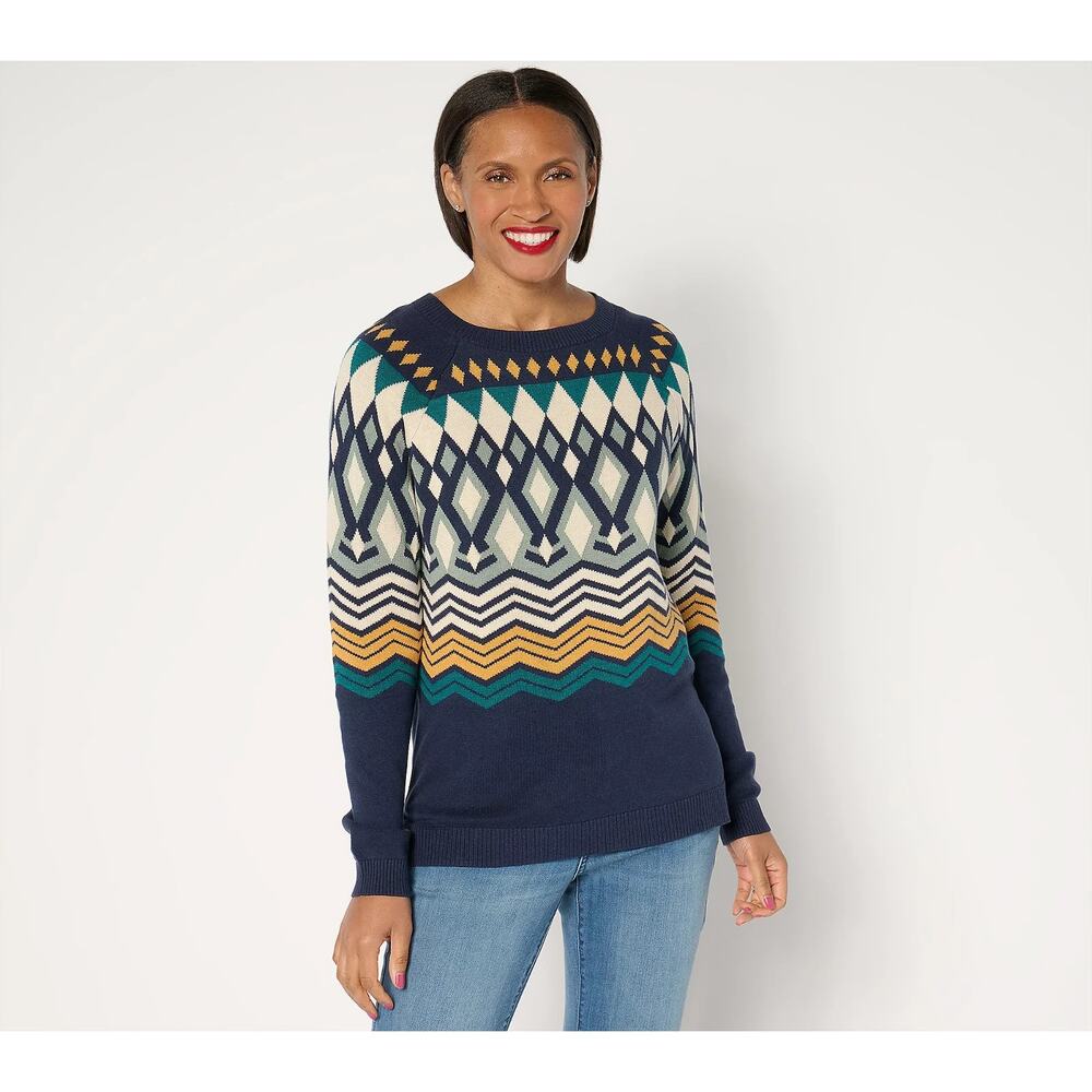 Denim & Co. Nordic Jacquard Crew Neck Sweater Navy Size 1X Pullover Cozy Boho
